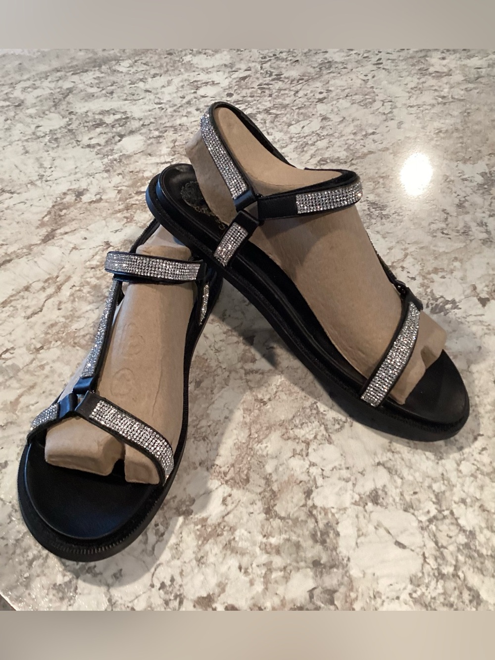 Vince Camuto Women's Black Bling Rhinestone T-Strap Sandals 12M
